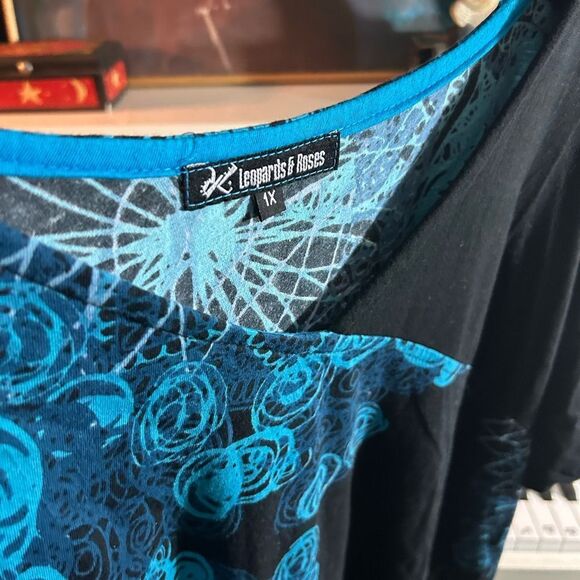 Leopards & Roses Elegant Boho Asymmetrical Black and Blue Dress XL - Picture 7 of 16